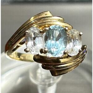 Vintage T&C 14k solid yellow gold oval aquamarine cleat topaz cluster ring